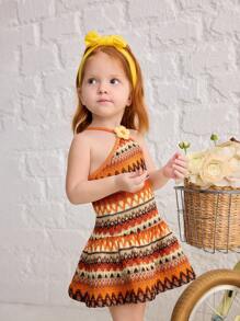 SHEIN Gaun Bayi Perempuan Kasual Sederhana Nyaman Model Halterneck Bergaris Motif Bunga 3D - Jeruk - View 5
