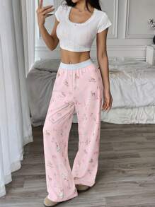 Flirla 女士休闲家居可爱鹿动物印花松紧腰宽松针织裤 - 淺粉色 - 查看 6