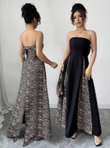 Elenzga New Style Women's Leopard Print Patchwork Bow Decor Elegant Dress - Multicolor - View 1