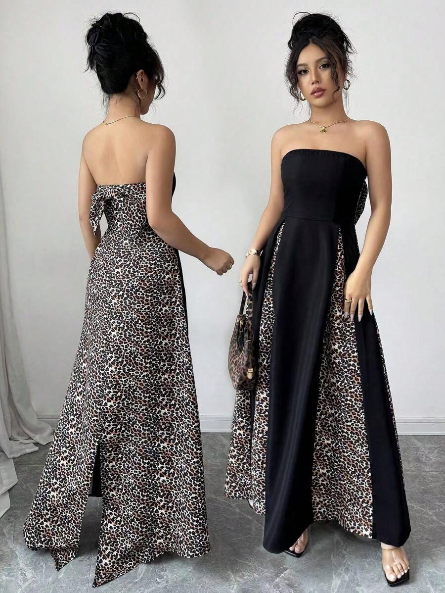 Elenzga New Style Women's Leopard Print Patchwork Bow Decor Elegant Dress - Multicolor - View 1