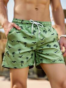Manfinity Swimmode Men Coconut Tree & Bird Print Drawstring Waist Swim Trunks,Hawaiian - Army Green - View 1