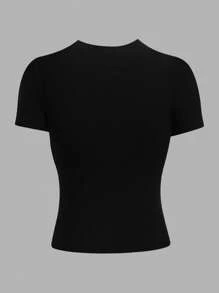 INAWLY Kaos Wanita Ukuran Besar Model Slim Fit dengan Desain Pita Bordir - Hitam - View 2