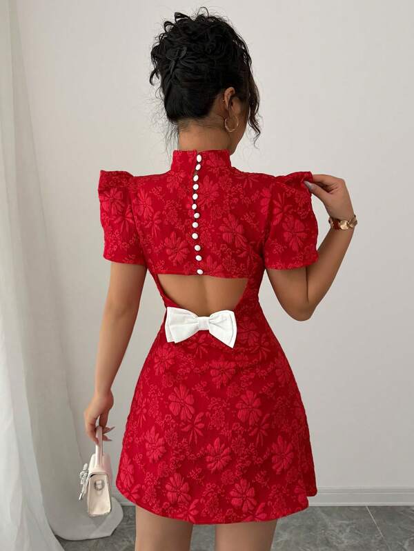 Elenzga Rochie mini-mini-rochie cu design unic, elegantă, cu gât înalt, pe spate, cu fundă, cu culoarea contrastului, cu decupări, din țesătură roșie, vintage
