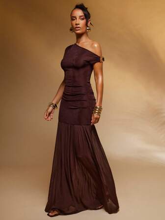 Hauture 女士不对称领口褶饰优雅长裙