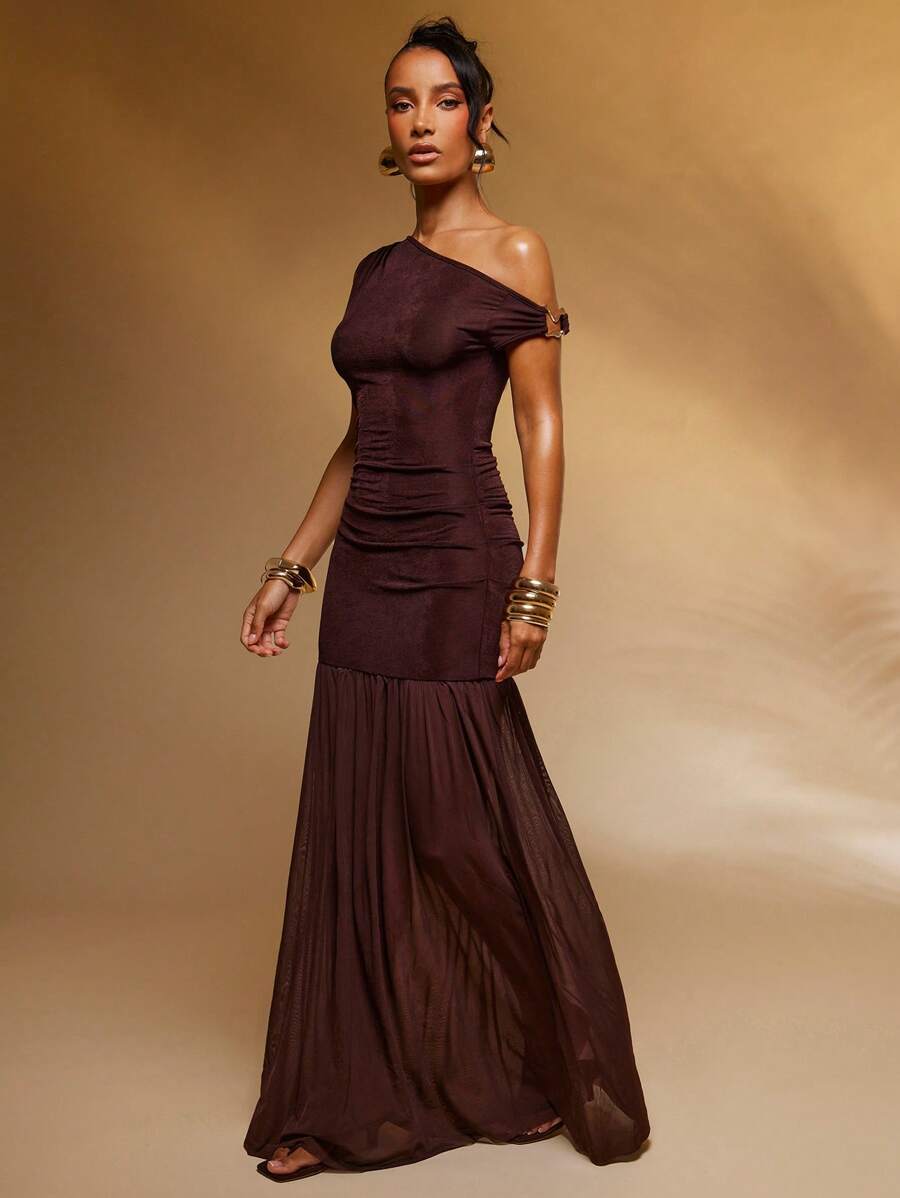 Hauture 女士不对称领口褶饰优雅长裙 - 棕色 - 查看 1