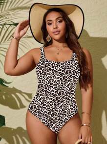 SHEIN Swim Curve Plus Size Women's Solid Color Square Collar Cinched Waist Minimalist Elegant One-Piece Swimsuit, Casual Vacation - Black - View 4