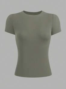 INAWLY 女士纯色修身圆领短袖 T 恤，适合夏季 - 軍綠色 - 查看 3