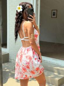 SHEIN Unity Organza Embroidered Tie-Up Halter Neck Summer Holiday Sleeveless Tie-Front Dress - Multicolor - View 2