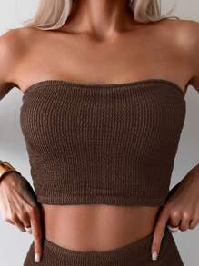 Swim Chiccia 女士夏季度假海滩纯色纹理抹胸比基尼套装 - 紫紅色 - 查看 4