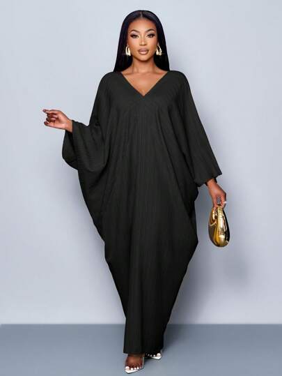 SOLERSUN Vestido largo elegante de unicolor con cuello en V, mangas tipo murciélago y bajo con abertura para mujer de talla grande para primavera/verano