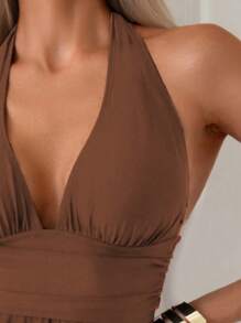 SHEIN Swim Conjunto de tankini de unicolor con volantes y escote halter, con estilo maduro y elegante - Marrón - Ver 4