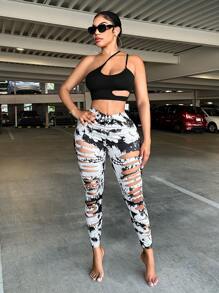 SHEIN SXY Plus Size Women's Fashion Street Style Sexy Ripped Tie-Dye Print Tight Leggings, Suitable For Sports, Yoga, Everyday Wear, Western Wear, Cruise Attire, Music Festival, Concert, Carnival Party, Beach Vacation, Date Night, Birthday, Bachelorette Party, Club, Cute, Casual, Shopping, Streetwear, Going Out, Easy To Match & Looks Slim, Accentuates The Body, Flatters The Figure Camo Cow Print
