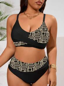 Swim Lushoire Plus Size 2pcs Solid Color & Geometric Random Print Patchwork Adjustable Strap Design Paired With High Waist Splice Swimsuit, Sexy & Elegant Beach Holiday Ladies Swimwear Set For Summer Beach Vacation