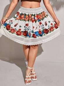 Flirla Plus Size Women Bohemian Floral Print Ruffled Lace Patchwork Mini Skirt, Suitable For Music Festivals, Spring/Summer - Multicolor - View 5