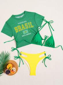 Swim SXY Women's Fashion Sports Style Solid Color Strappy Tankini Swimsuit Top With Hollow Drawstring Swimsuit Shorts & Brazilian Flag Print Mesh Cover-Up Bikini 3-Piece Set, Suitable For Holiday Beach For Summer Beach Vacation - Multicolor - View 6