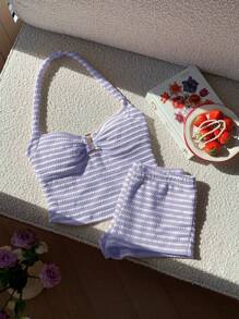 Comfortcana Stripes Print Halter Top And Ultra Shorts 2 Pieces Casual Outfit Set For Summer - Mauve Purple - View 6