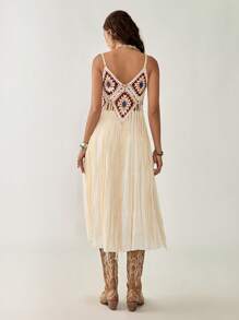 Florisole 女士镂空针织长开衫，波西米亚风格无袖钩花流苏度假装 - 杏色 - 查看 4