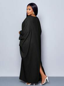 SOLERSUN Women's Plus Size Spring/Summer Elegant Vacation Solid Color V Neck Batwing Split Hem Long Dress - Black - View 2