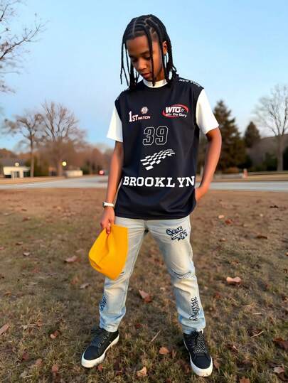 1 Piece Tween Boy Casual Sports College Street Wide Strap Tank Top With Motorcycle Pattern