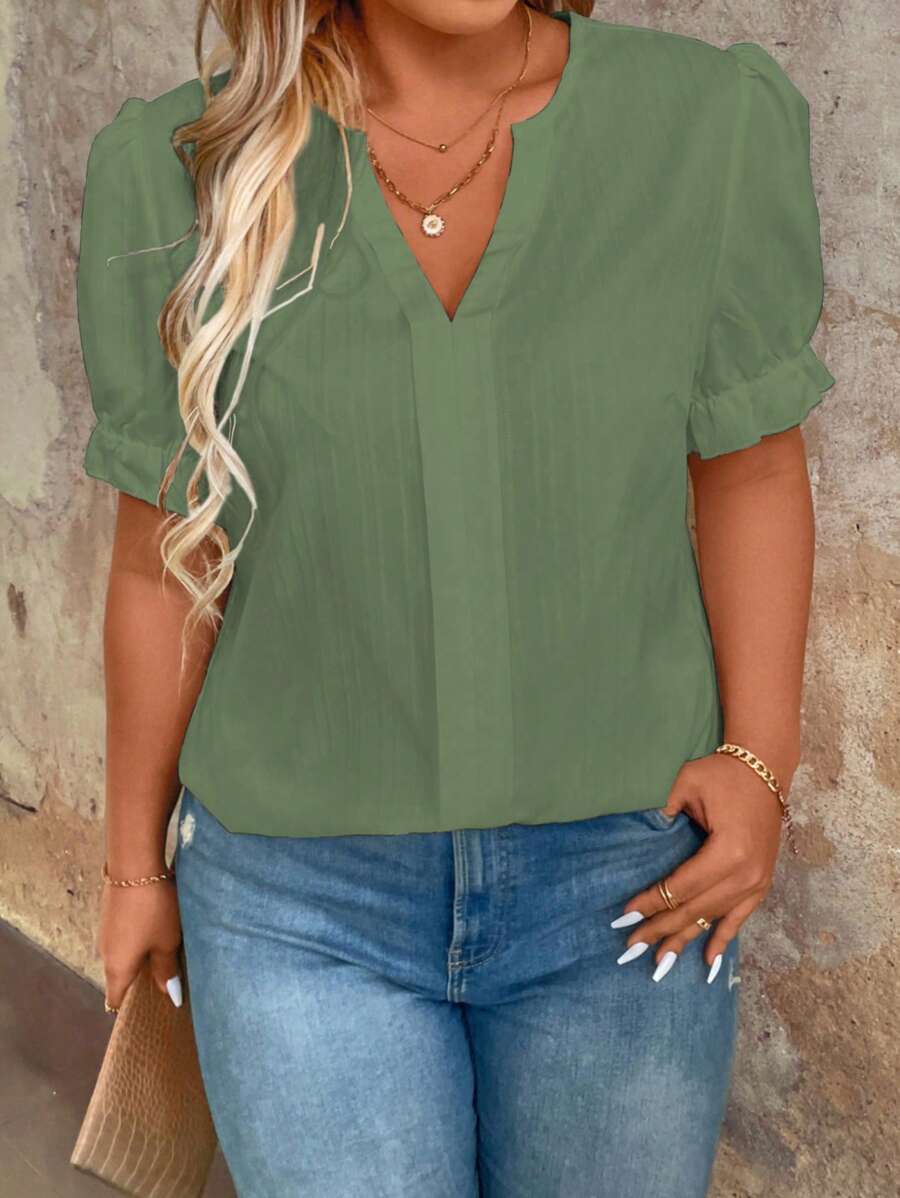 SHEIN Clasi Plus Size Women Solid Color V-Neck Short Puff Sleeve Blouse - Army Green - View 1