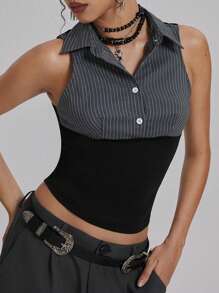 SHEIN Essnce Áo sơ mi kẻ sọc cổ bẻ cài nút phía trước cho nữ - Nhiều màu - Xem 5