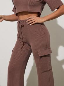 Denimoi Textured Knit Cargo Straight Leg Casual Everyday Wear Pull On Pants - Brown - View 2