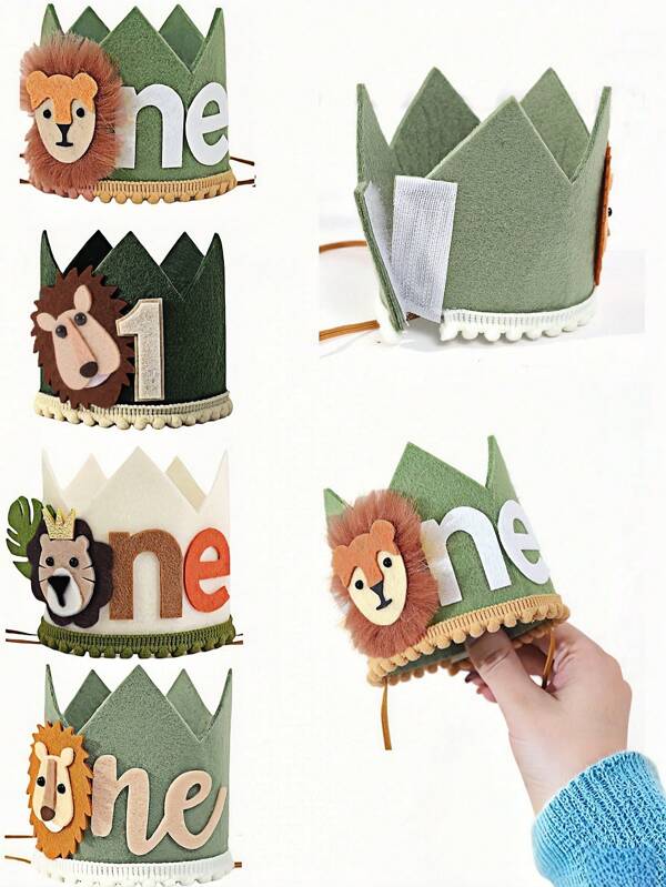 1Pc 8.9Cm*9.4Cm Jungle 1St Birthday Crown - Lion 1St Birthday Hat Hairpin, Suitable For Birthday Parties, Birthday Gifts, 4 Styles