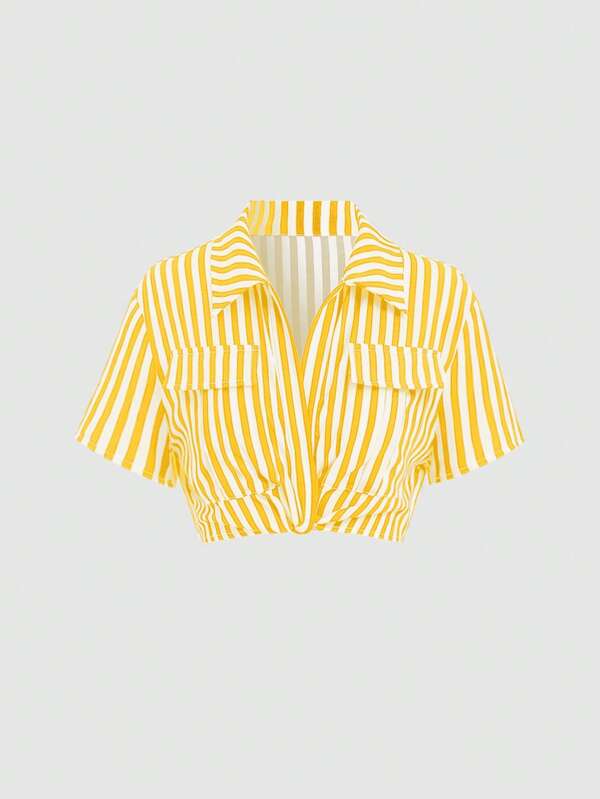 Sweetra American Style Striped Cropped Slim-Fit Blouse For Women