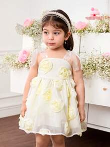 Babygirl 优雅杏色 3D 花卉印花无袖夏季连衣裙