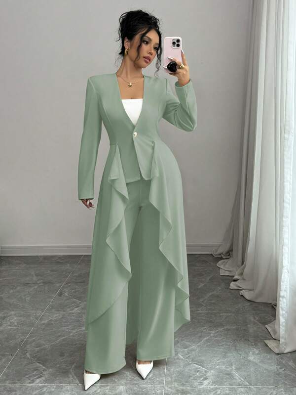 Elenzga Women's Elegant Romantic Waisted Suit With Train