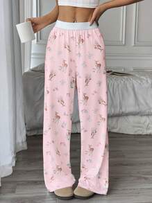 Flirla 女士休闲家居可爱鹿动物印花松紧腰宽松针织裤 - 淺粉色 - 查看 5