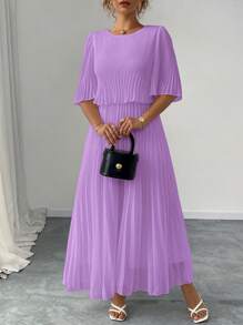 Elenzga Plus Size Elegant Chiffon Draped Midi Dress For Women, Spring/Summer - Mauve Purple - View 1