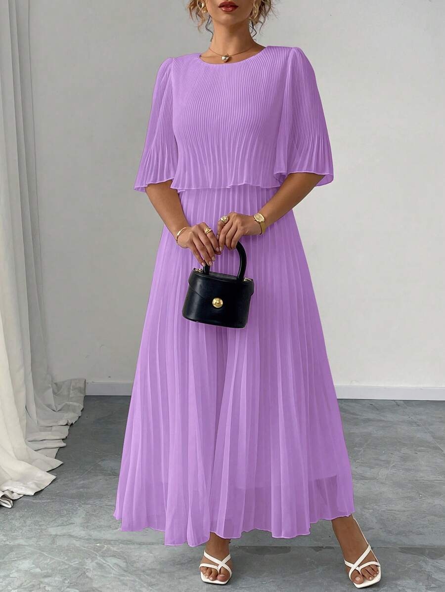 Elenzga Plus Size Elegant Chiffon Draped Midi Dress For Women, Spring/Summer - Mauve Purple - View 1