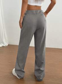 Flirla 1 pieza Pantalones casuales de color caqui asimétricos en la cintura para uso diario, ir al trabajo y de compras para mujeres - Gris Claro - Ver 2