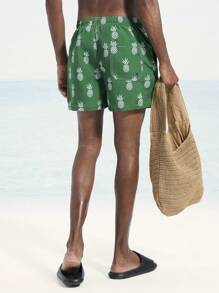 Surfspeed Men's Pineapple Print Drawstring Waist Beach Shorts, Summer - Army Green - View 2