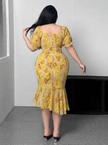 Flirla 大码女式优雅不对称荷叶边下摆连衣裙 - 黃色 - 查看 2