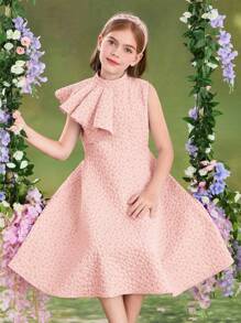SHEIN Vestido ajustado con cuello erguido, volantes en el bajo y tejido jacquard para niñas preadolescentes - Rosa Pálido - Ver 5