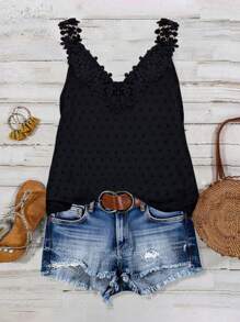 SHEIN LUNE Canottiera casual con scollo a V profondo, con balze, senza schienale, in jacquard a pois, di taglia comoda, adatta per vacanze