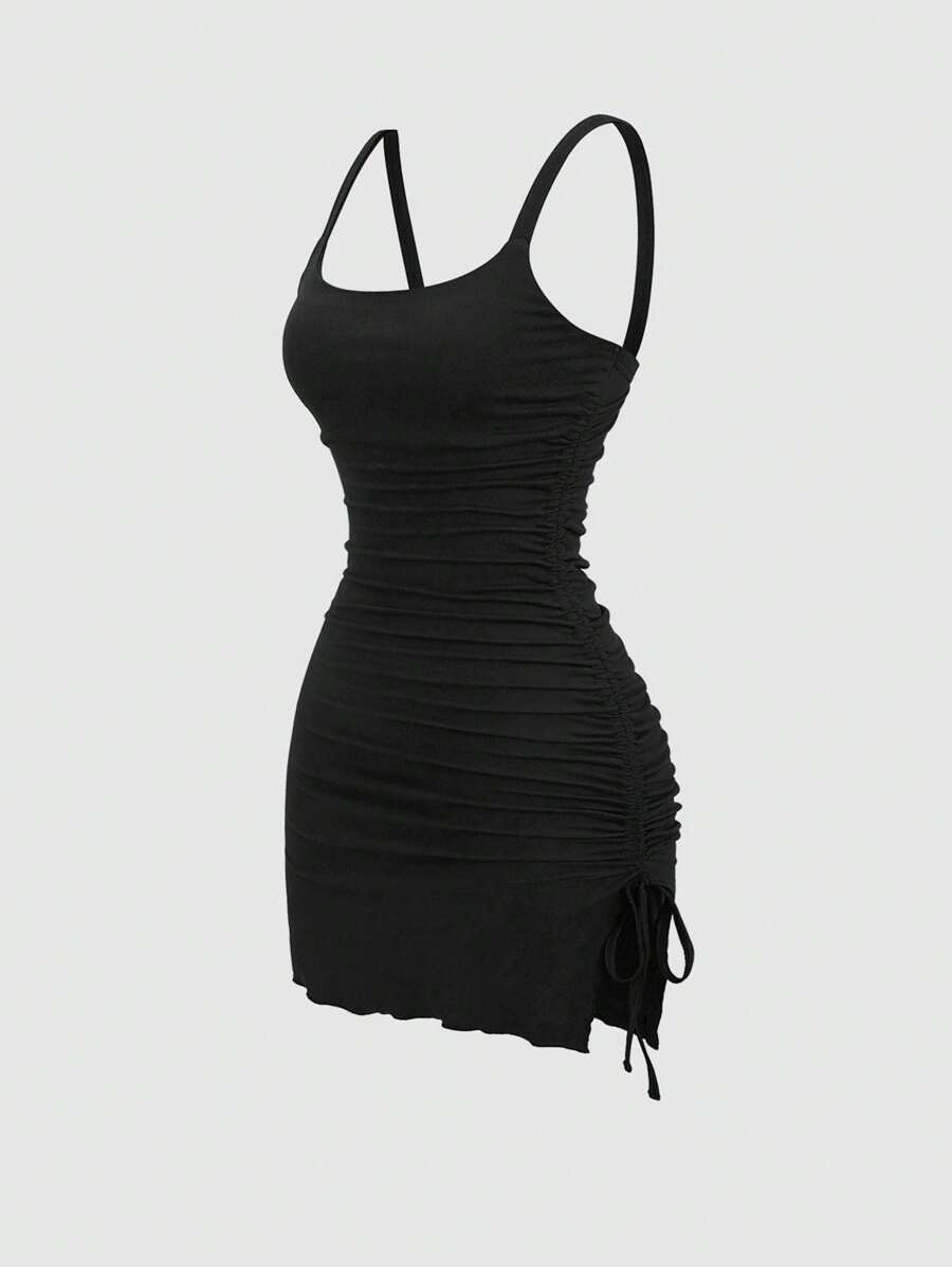 Sweetra Y2K Sexy Asymmetrical Hem Drawstring Casual Dress - Black - View 1