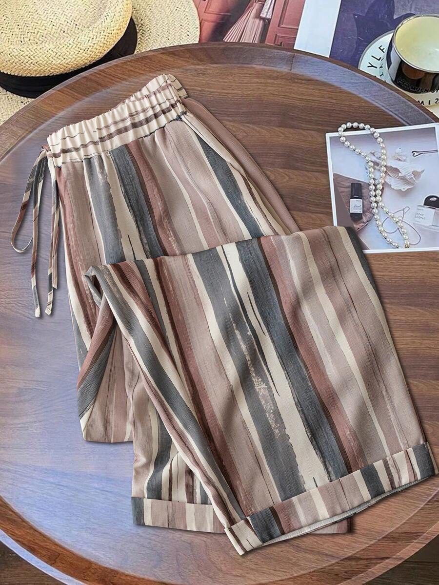 Linhara Women Plus Size Vintage Striped Print Wide Leg Pants, Relaxed Fit, Lightweight For Spring & Summer Fall Cloth For Women - Light Grey - View 1