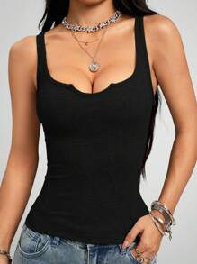 Coolane Áo ba lỗ dệt kim gân màu trơn cổ vuông thường ngày cho nữ, mùa hè - màu đen - Xem 3