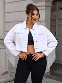SHEIN Essnce Plus Size Solid Color Fringe Decor Distressed Casual Long Sleeve Denim Jacket