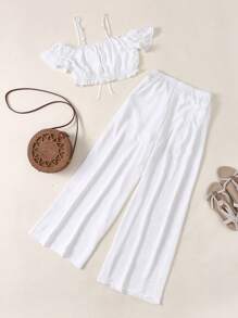 Chiquease Set de 2 piezas: Top camisola acortado con recorte fruncido y pantalones casuales de pierna ancha - Blanco - Ver 2