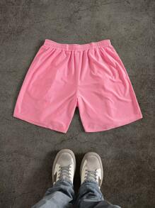 PAVTROS Manfinity Streetrush Men's Elastic Waist Zipper Placket Loose Casual Shorts, Pink Shorts Men, Pink Men Shorts - Pink - View 2
