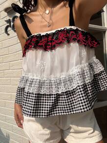 SHEIN Unity 女士格子宽松休闲撞色蕾丝吊带背心 - 彩色 - 查看 5
