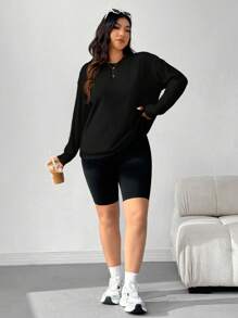 CovetEZ 大码纯色宽松长袖 T 恤 - 黑色 - 查看 3