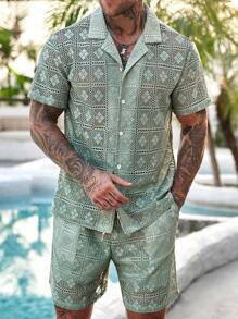 Manfinity RSRT 男士度假休闲镂空针织衬衫和短裤套装，舒适装扮 - 綠色 - 查看 4