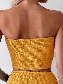 Swim Basics Women's Summer Beach Vacation Solid Color Textured Bandeau Bikini Set - Yellow - View 3