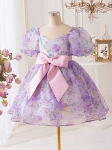 SHEIN Tween-Mädchen Organza-Kleid mit Blumendruck und Schleife und Puffärmeln, Prinzessinnenkleid, geeignet für Frühlingsausflüge, Urlaub, Geburtstagsfeiern, Abschlussbälle, Hochzeitssaison - Violett - Übersicht 5