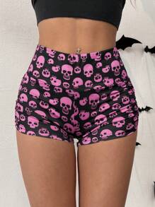 SHEIN EZwear Halloween Skeleton Print Cropped Ruched Leggings - Hot Pink - View 5